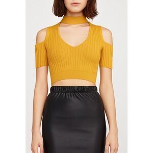 BCBGMAXAZRIA XXS Top Mustard‎ Yellow Ribbed Knit Mock Neck Cold Shoulder Y2K